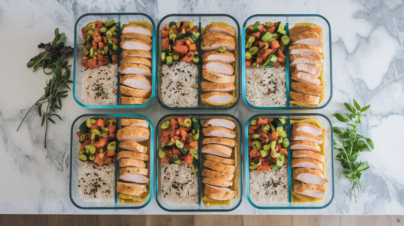 Organized meal prep containers with colorful food, birds eye view