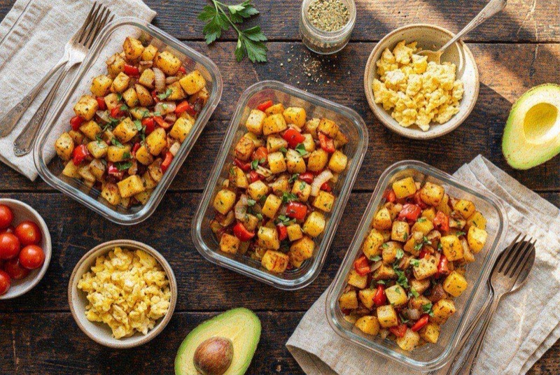 Golden crispy air fryer breakfast potatoes in a bowl with a sprinkle of fresh herbs