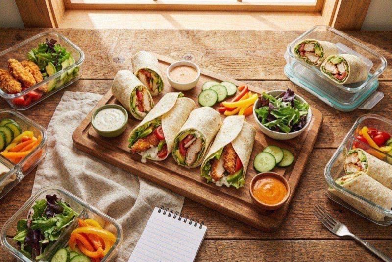 Crispy chicken tender wrap cut in half showing golden breaded chicken, lettuce, and ranch