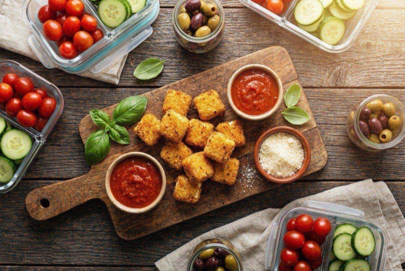 Golden crispy mozzarella bites with stretchy cheese visible inside, served with marinara sauce