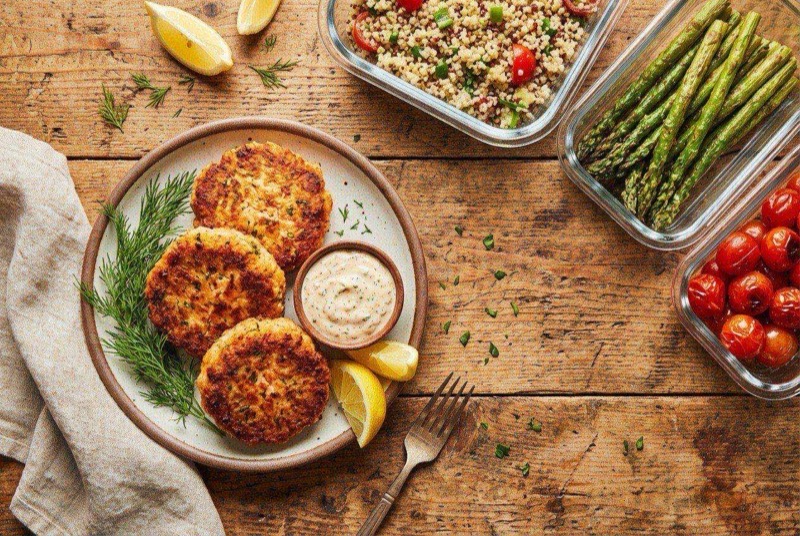 Golden crispy salmon cakes on a plate with lemon wedge and green onion garnish