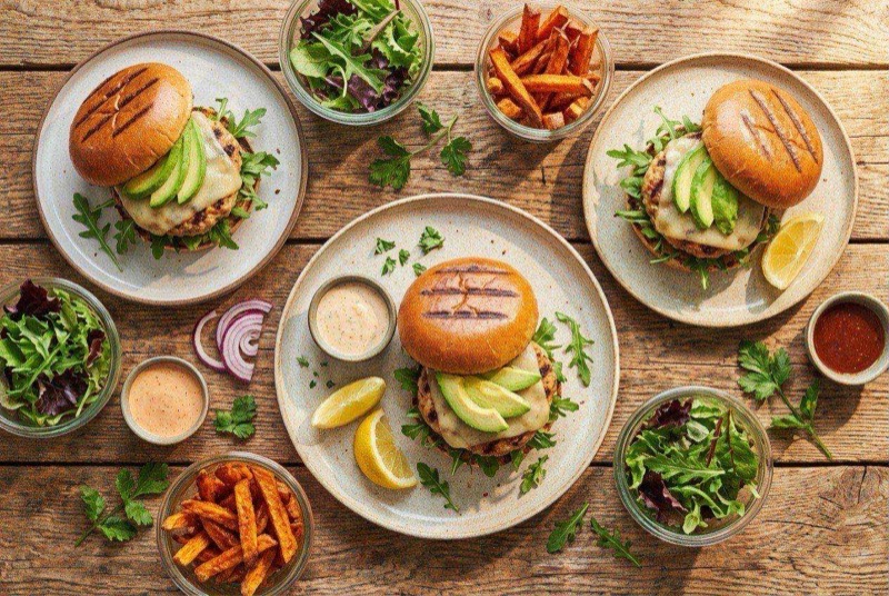 Juicy turkey burger on a whole wheat bun with lettuce, tomato, and onion