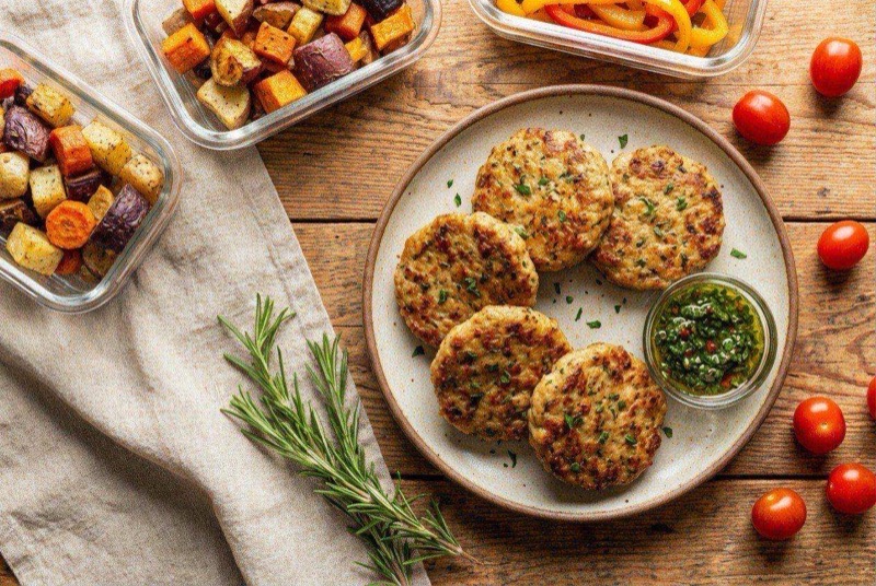 Golden brown turkey sausage patties on a plate with fresh sage leaves as garnish