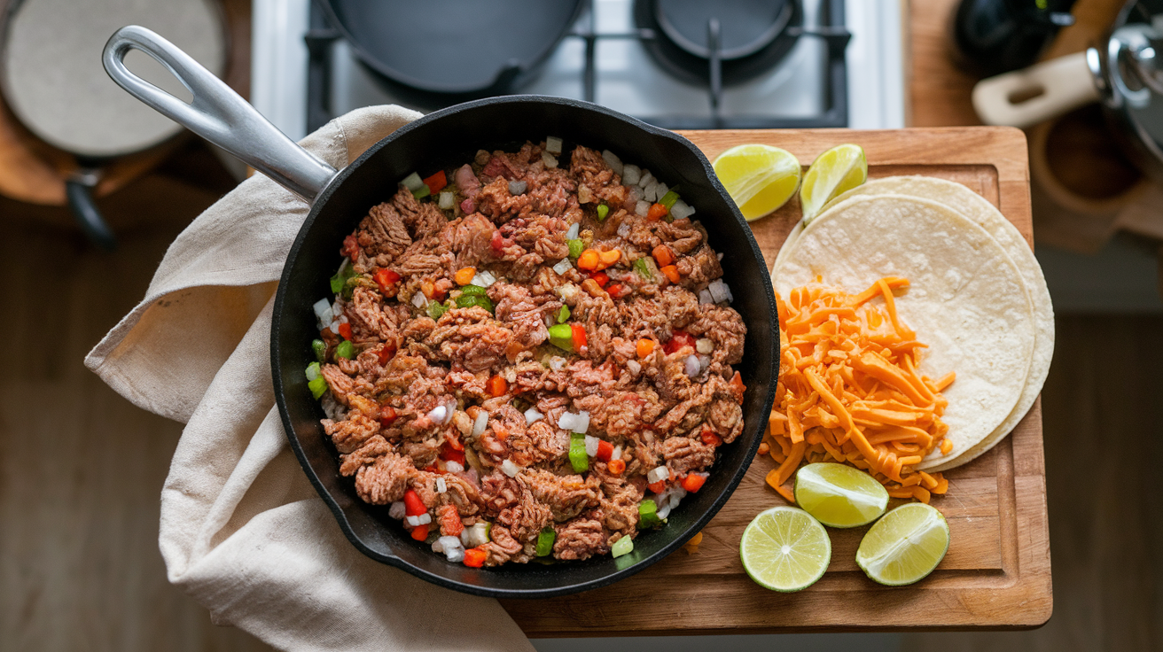 Large skillet filled with seasoned ground turkey taco meat with black beans and diced tomatoes, served with taco shells and lime wedges