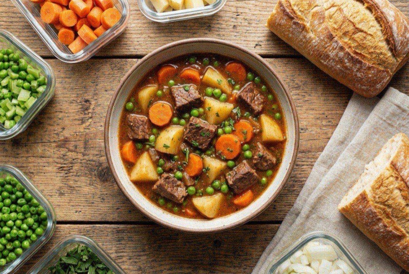 Rich beef stew with tender meat, potato chunks, and carrots in thick brown gravy