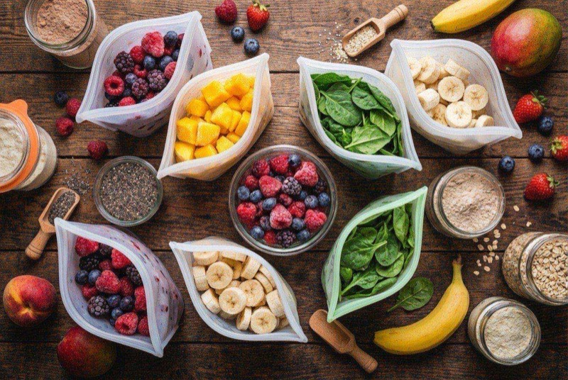 Five labeled freezer bags filled with colorful smoothie ingredients including berries and spinach