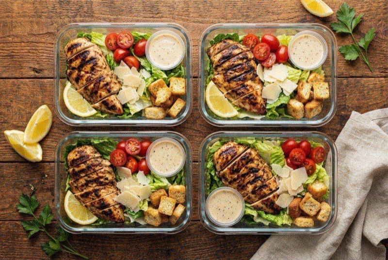 Grilled sliced chicken on top of crisp romaine Caesar salad with Parmesan shavings