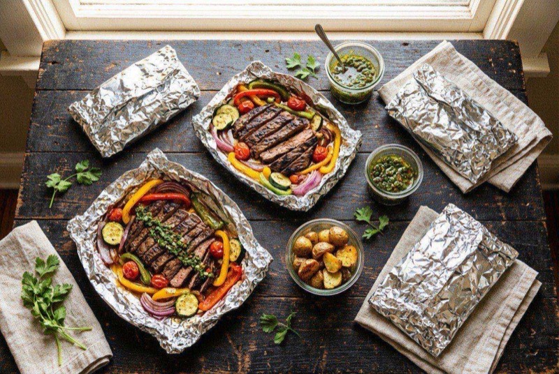 Opened foil packet revealing tender steak cubes with roasted potatoes and colorful vegetables