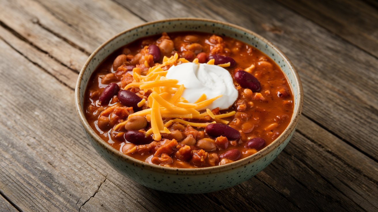 A large bowl of hearty turkey chili with kidney beans, black beans, and diced peppers, topped with shredded cheese and sour cream