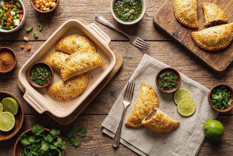 Golden crispy empanadas from the air fryer with one cut open showing beef and cheese filling
