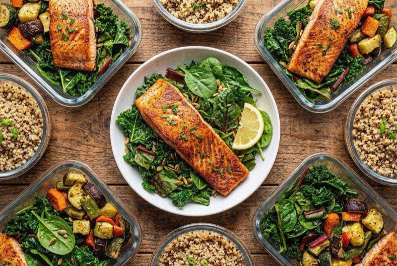Golden air-fried salmon fillet on a bed of dark leafy power greens with lemon slices