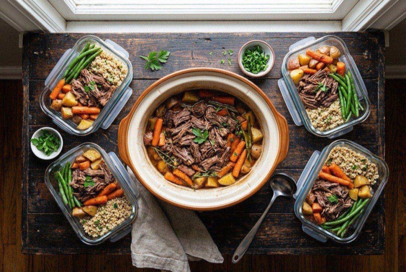 Fork-tender pot roast with carrots and potatoes in rich gravy on a plate