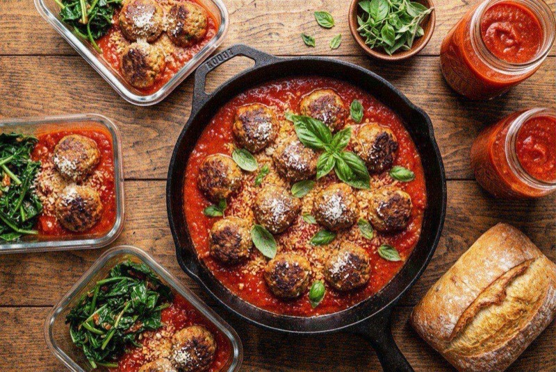 Meatballs in rich marinara sauce in a freezer container ready for storage