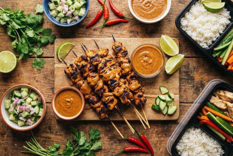 Grilled chicken satay skewers with char marks served with a small bowl of peanut sauce