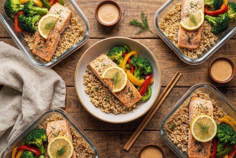 Flaky salmon fillet over fluffy jasmine rice garnished with green onions and lemon