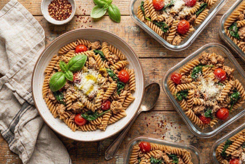 Bowl of turkey Bolognese pasta topped with melted mozzarella and fresh basil