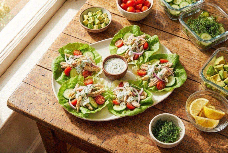Crisp lettuce cups filled with creamy chicken salad topped with sliced almonds