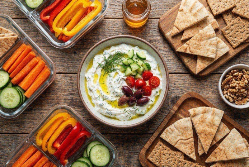 Small bowl of white Greek yogurt dip with herbs surrounded by colorful vegetable sticks