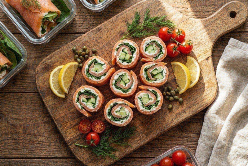 Elegant smoked salmon roll-ups with cream cheese, capers, and fresh dill on a plate