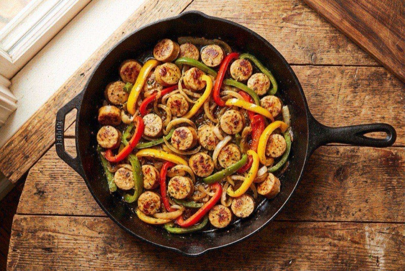 Skillet filled with sliced chicken sausage, colorful bell peppers, and caramelized onions