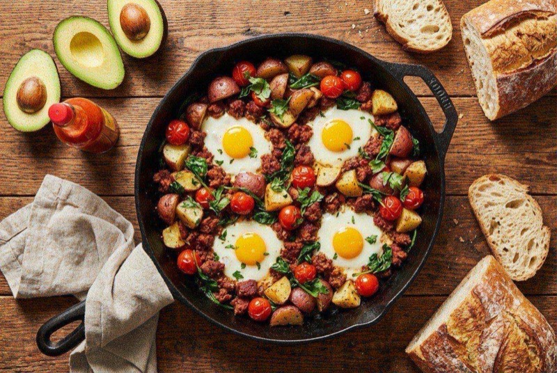 Skillet of scrambled eggs mixed with spicy red chorizo topped with cheese and cilantro