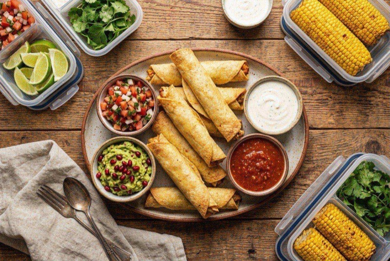 Row of golden crispy baked taquitos showing chicken and cheese filling inside