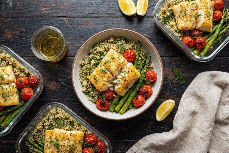 Flaky white cod fillet on a bed of herbed quinoa with cherry tomatoes