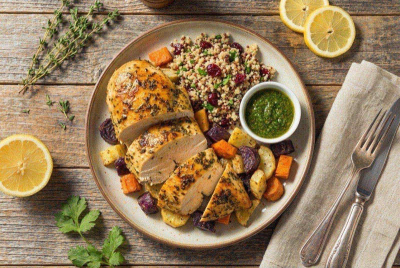 Sliced juicy chicken breast showing moist interior with golden seasoned exterior