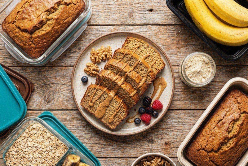 Sliced protein banana bread on a cutting board showing moist interior with golden crust