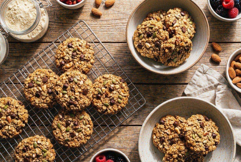 Soft, golden protein cookies with chocolate chips cooling on a parchment-lined baking sheet