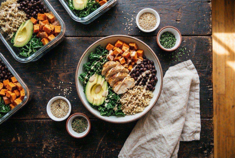 Sheet pan with sliced chicken breast, roasted sweet potato cubes, and broccoli florets
