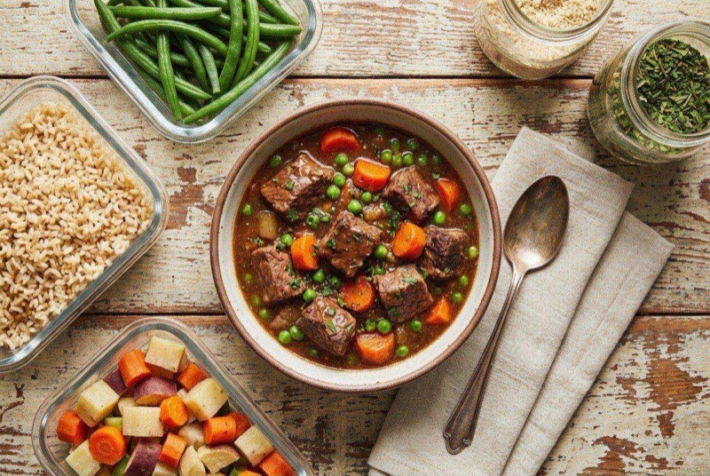 Rich beef stew with large meat chunks, white beans, carrots, and potatoes in thick gravy