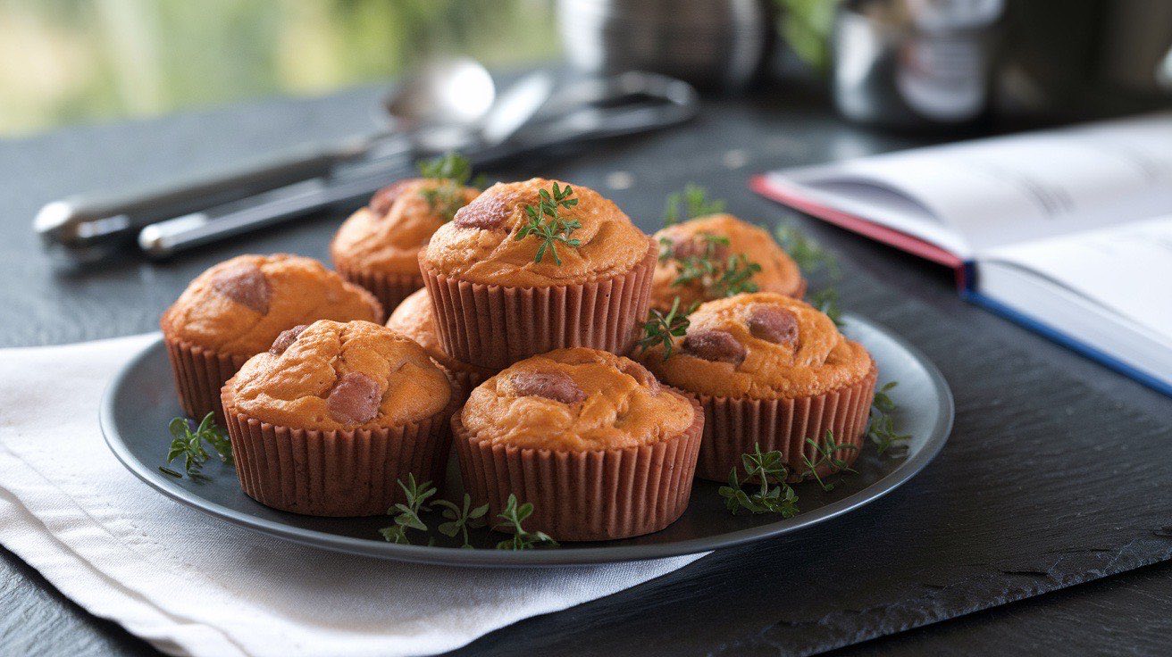Golden egg muffins in a muffin tin with visible orange sweet potato pieces, diced sausage, and melted cheddar cheese