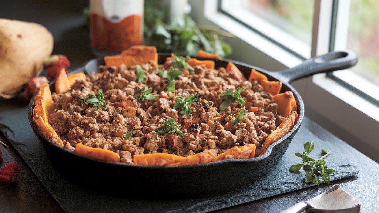 Cast-iron skillet with ground turkey and diced sweet potato hash, topped with four sunny-side eggs and fresh scallions