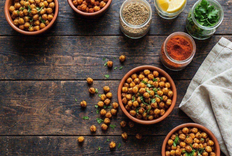 Golden crispy spiced chickpeas in a small bowl with smoked paprika seasoning visible