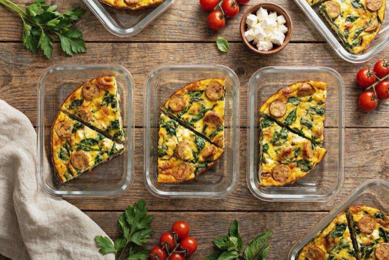 Golden-topped frittata in a cast iron skillet with visible chicken sausage, spinach, and feta cheese