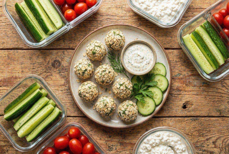 Cucumber rounds topped with cottage cheese and everything bagel seasoning garnished with fresh dill