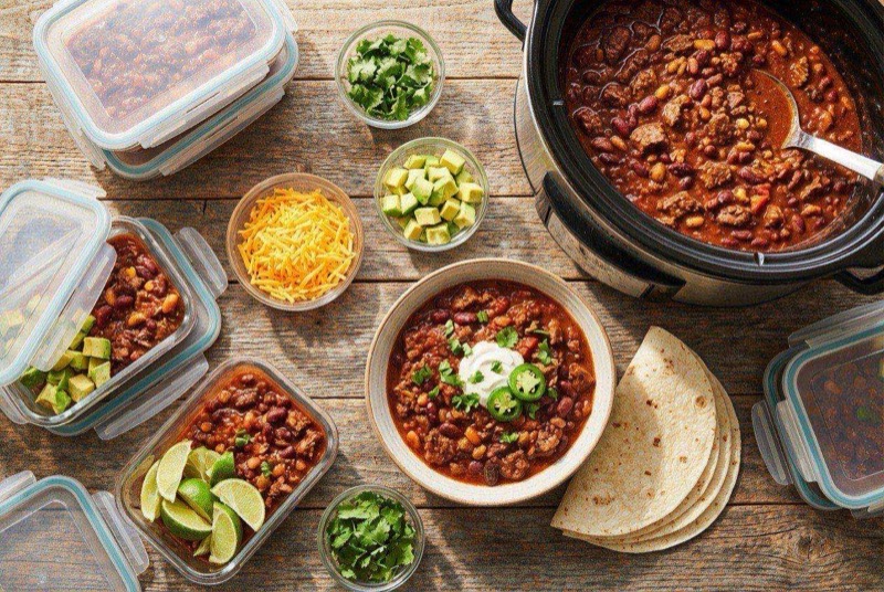 Bowl of thick beef chili with kidney beans and black beans, topped with shredded cheese and green onions