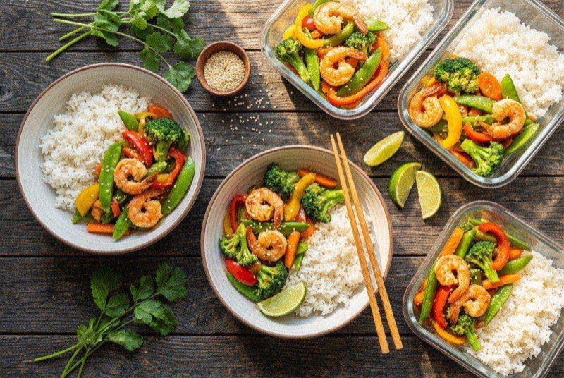 Garlic shrimp stir-fry with colorful vegetables over jasmine rice in a white bowl, garnished with sesame seeds