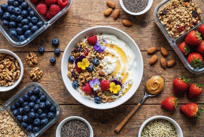 Greek yogurt protein bowl topped with mixed berries, granola, chia seeds, and a drizzle of almond butter