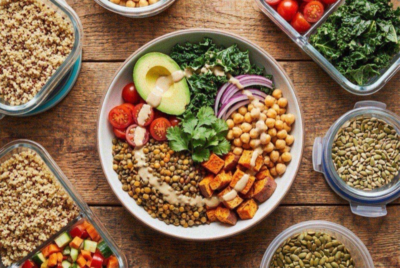 Bowl of lentils and chickpeas in a spiced tomato broth with wilted spinach and fresh cilantro