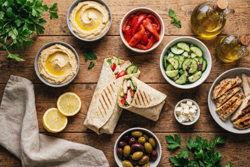 Sliced Mediterranean wrap showing layers of grilled chicken, hummus, vegetables, and feta cheese