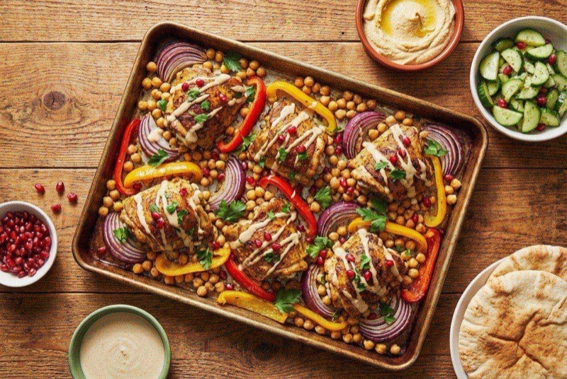 Sliced shawarma-spiced chicken with roasted vegetables on a bed of basmati rice with garlic sauce