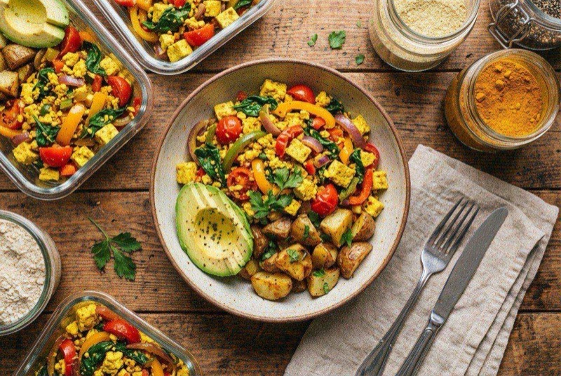 Golden turmeric-tinted tofu scramble with colorful diced vegetables and spinach in a cast iron skillet