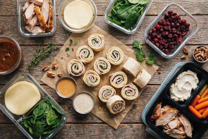 Turkey and cheese roll-ups secured with toothpicks alongside pickles on a snack plate