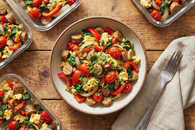 Colorful scrambled eggs with turkey sausage, red peppers, spinach, and melted mozzarella in a skillet