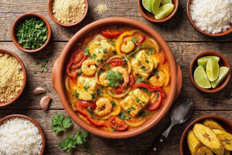 Vibrant Brazilian moqueca fish stew with golden coconut broth, peppers, and fresh cilantro in a clay pot