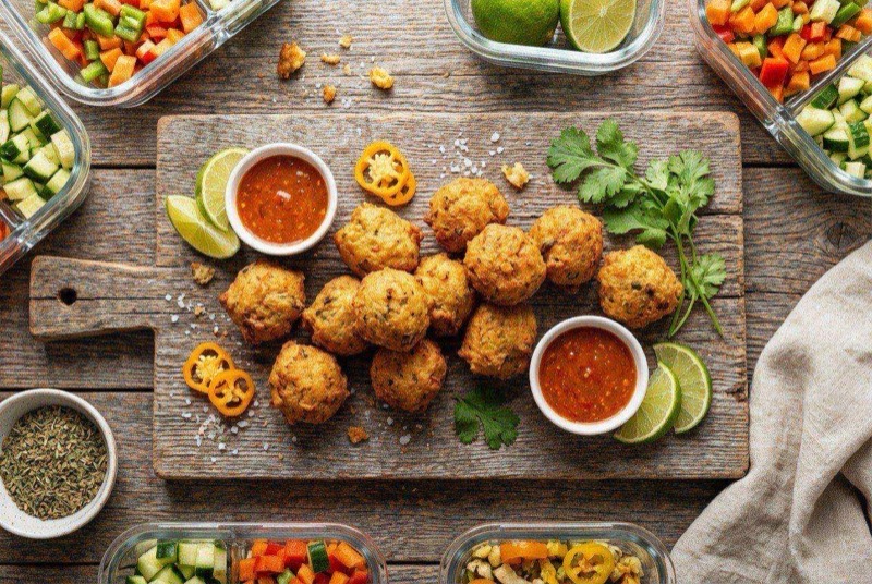 Pile of golden-brown Caribbean saltfish fritters on a plate with lime wedges