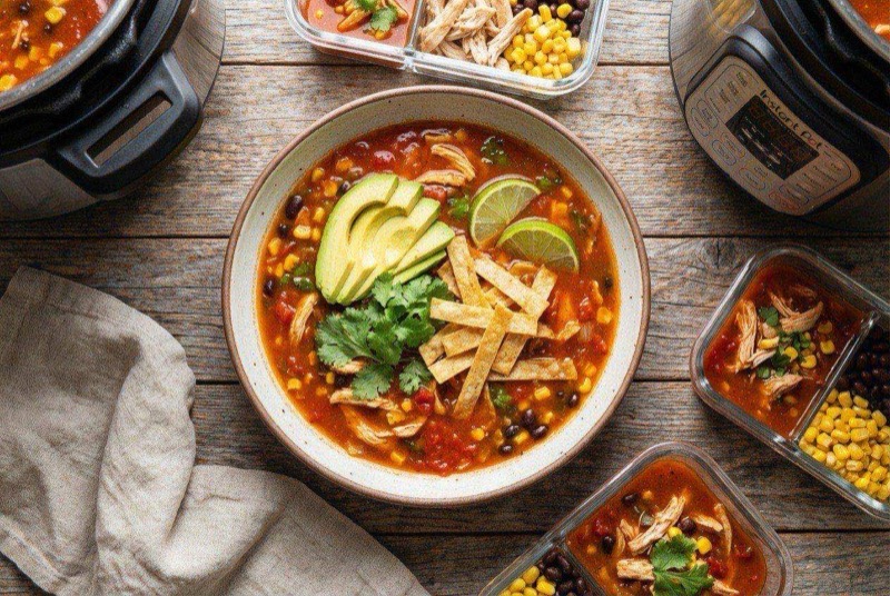 Bowl of smoky chicken tortilla soup with shredded chicken, beans, and crispy tortilla strips on top