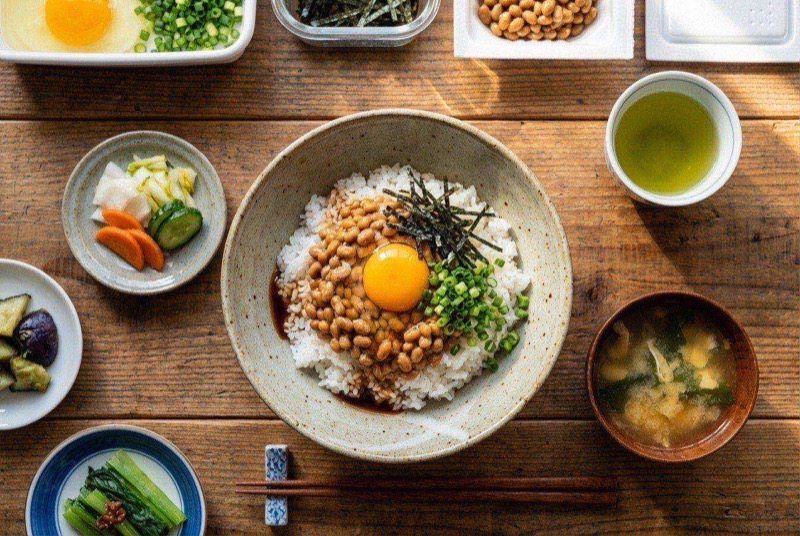 Japanese breakfast bowl with sticky natto, soft-boiled egg halves, and nori strips over white rice